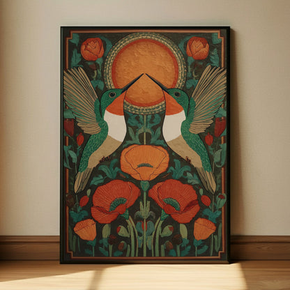 Hummingbird Folk Art Botanical Wall Art Print