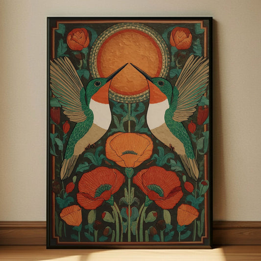 Decorative wall art with two birds and flowers in a frame on a wall.