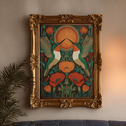 Hummingbird Folk Art Botanical Wall Art Print