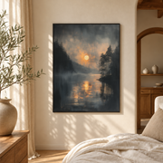 Bedroom mockup of moonlit river canvas wall art in a softly lit neutral room
