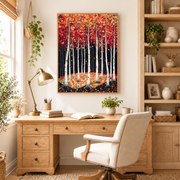 Home office mockup of bright birch forest canvas wall art above a wood desk