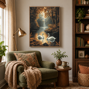 Reading nook mockup of white swans on woodland lake canvas wall art above an armchair
