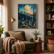 Reading nook mockup of full moon mountain wildflowers canvas wall art above an armchair