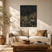 Living room mockup of moonlit mushroom garden canvas wall art above a light sofa