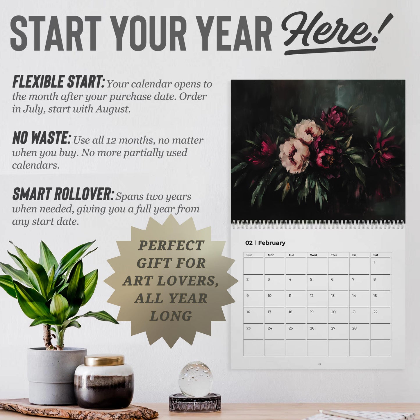 Moody Floral Wall Art Calendar, Dark Academia Decor Office Gift,