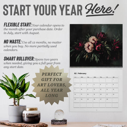 Moody Floral Wall Art Calendar, Dark Academia Decor Office Gift,