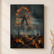 Framed canvas wall art depicting a glowing orange Ferris wheel above a smoky cityscape with dark firelit streets on a neutral wall