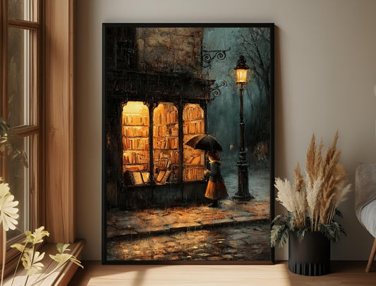 Cozy Bookstore Wall Art, Rainy Night Bookshop Print, Warm Literary Decor, Dark Academia Poster, Vintage Street Scene Canvas, Book Lover Gift wall art - Sunrise Art Creations