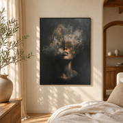 Bedroom mockup of woman in smoke canvas wall art in a softly lit neutral room