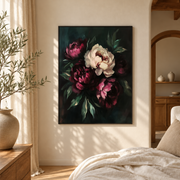 Bedroom mockup of blush and burgundy peony canvas wall art in a softly lit neutral room