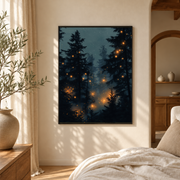 Bedroom mockup of blue pine forest fireflies canvas wall art in a softly lit neutral room