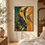 Bedroom mockup of abstract sun and moon face canvas wall art in a softly lit neutral room