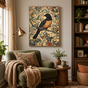 Reading nook mockup of orange songbird botanical canvas wall art above an armchair