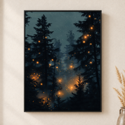 Framed canvas wall art depicting tall blue-green pine trees scattered with warm firefly lights in evening mist on a neutral wall