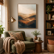 Reading nook mockup of misty mountain sunset canvas wall art above an armchair