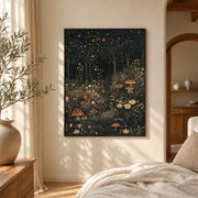 Bedroom mockup of moonlit mushroom garden canvas wall art in a softly lit neutral room