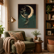 Reading nook mockup of woman on crescent moon canvas wall art above an armchair