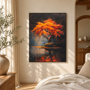Bedroom mockup of orange tree lake reflection canvas wall art in a softly lit neutral room