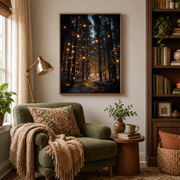 Reading nook mockup of firefly forest path canvas wall art above an armchair