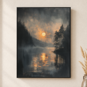 Framed canvas wall art depicting a glowing golden moon above a quiet blue-gray river and distant trees on a neutral wall