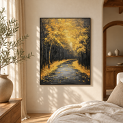 Bedroom mockup of golden autumn forest road canvas wall art in a softly lit neutral room