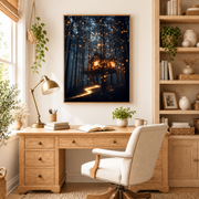 Home office mockup of firefly treehouse canvas wall art above a wood desk