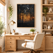 Home office mockup of firefly forest canvas wall art above a wood desk