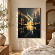 Bedroom mockup of northern lights lake canvas wall art in a softly lit neutral room