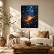 Living room mockup of blue firefly forest path canvas wall art above a light sofa