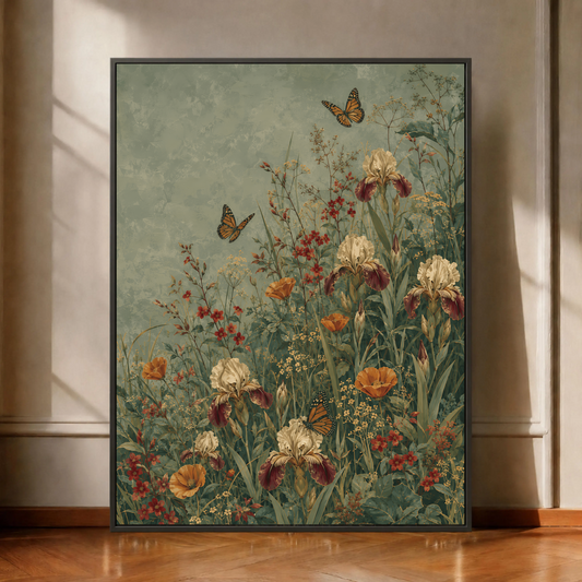 Wildflower Garden Wall Art, Sage Meadow With Butterflies, Earthy Cottage Decor For Calm Bedrooms