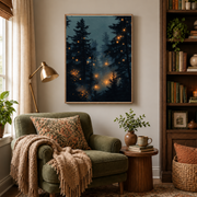 Reading nook mockup of blue pine forest fireflies canvas wall art above an armchair