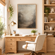 Home office mockup of neutral foggy forest canvas wall art above a wood desk