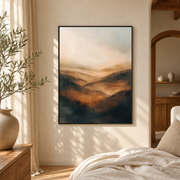 Bedroom mockup of misty mountain sunset canvas wall art in a softly lit neutral room
