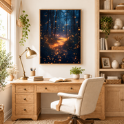 Home office mockup of blue firefly forest path canvas wall art above a wood desk