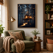 Reading nook mockup of firefly treehouse canvas wall art above an armchair