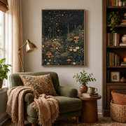 Reading nook mockup of moonlit mushroom garden canvas wall art above an armchair