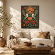 Living room mockup of art nouveau moth and poppy canvas wall art above a light sofa