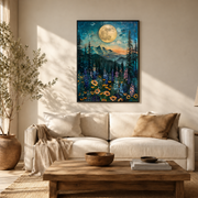 Living room mockup of full moon mountain wildflowers canvas wall art above a light sofa