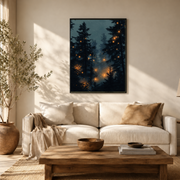 Living room mockup of blue pine forest fireflies canvas wall art above a light sofa