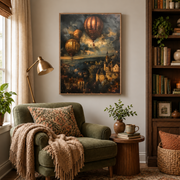 Reading nook mockup of hot air balloons over village canvas wall art above an armchair