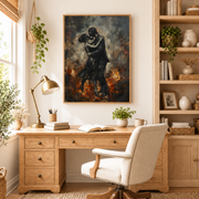 Home office mockup of couple embracing in fire canvas wall art above a wood desk