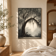 Bedroom mockup of twisted tree arch canvas wall art in a softly lit neutral room