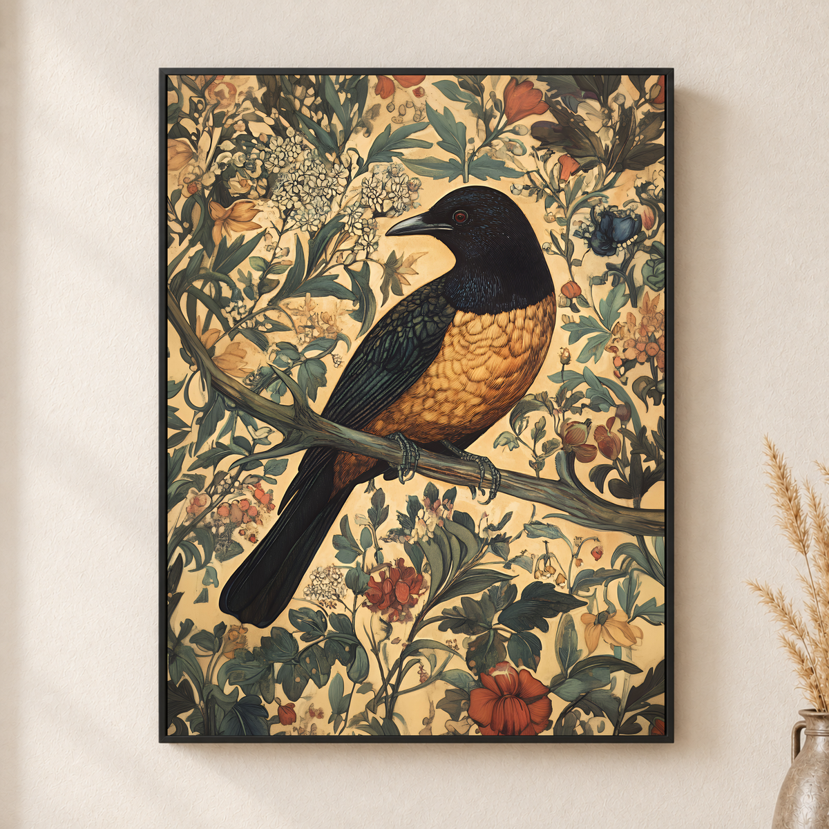 Bird and Floral Canvas Wall Art – Orange Songbird Folk Design
