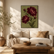 Living room mockup of burgundy peony botanical canvas wall art above a light sofa