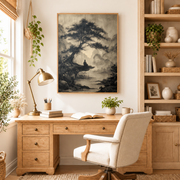 Home office mockup of ink wash tree and river canvas wall art above a wood desk