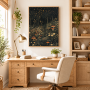 Home office mockup of moonlit mushroom garden canvas wall art above a wood desk