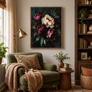 Reading nook mockup of blush and burgundy peony canvas wall art above an armchair