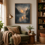 Reading nook mockup of moonlit river canvas wall art above an armchair