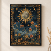Framed canvas wall art depicting an ornate gold sun and crescent moon surrounded by flowers against deep navy on a neutral wall