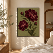 Bedroom mockup of burgundy peony botanical canvas wall art in a softly lit neutral room
